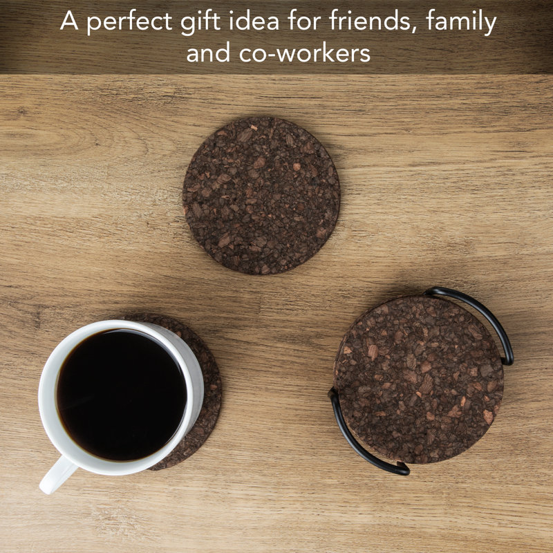 Set Of 6 Thick Dark Cork Coasters In Attractive Black Coaster Holder 4.7" Round