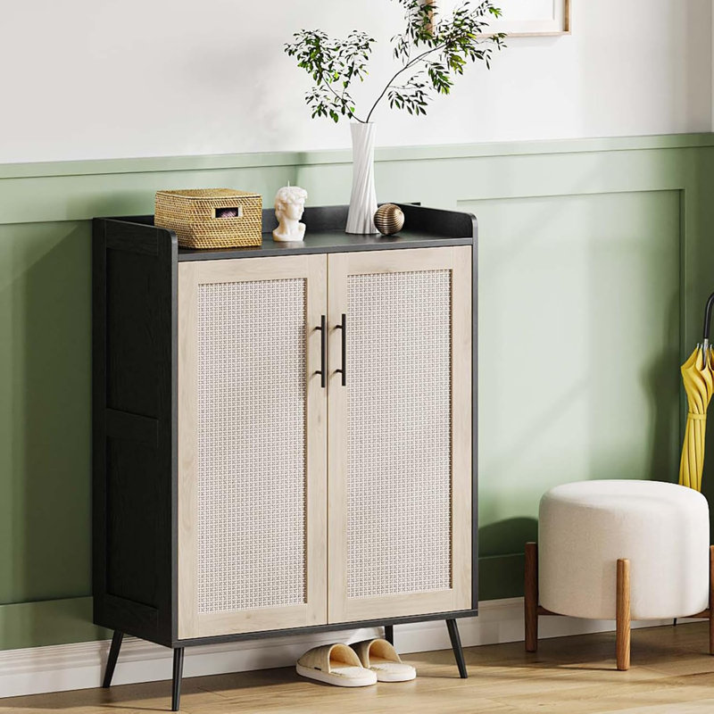 6-Tier Rattan Shoe Cabinet with Doors, Black/Natural Wood