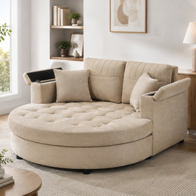 Callery Curved Chaise Lounge Sofa with Tufted Seat and Storage Armrests