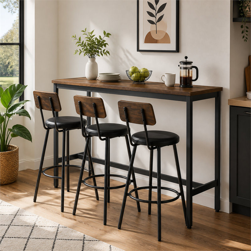Ensemble de table de bar quatre pièces, tabourets pivotants rembourrés, panneau de fibres à densité moyenne et structure en métal