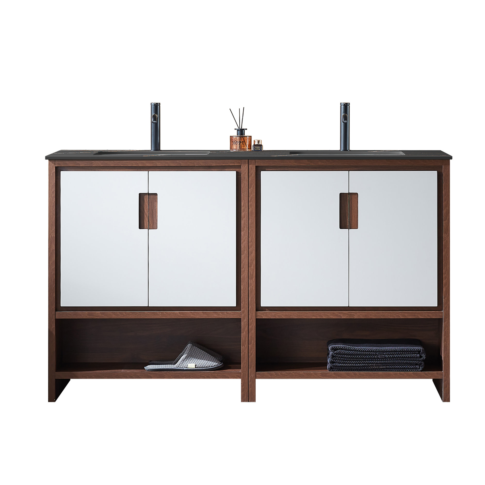 Tomesia 60" Veneer Plywood Bathroom Vanity with Engineered Stone Top, Beige/Walnut, Black