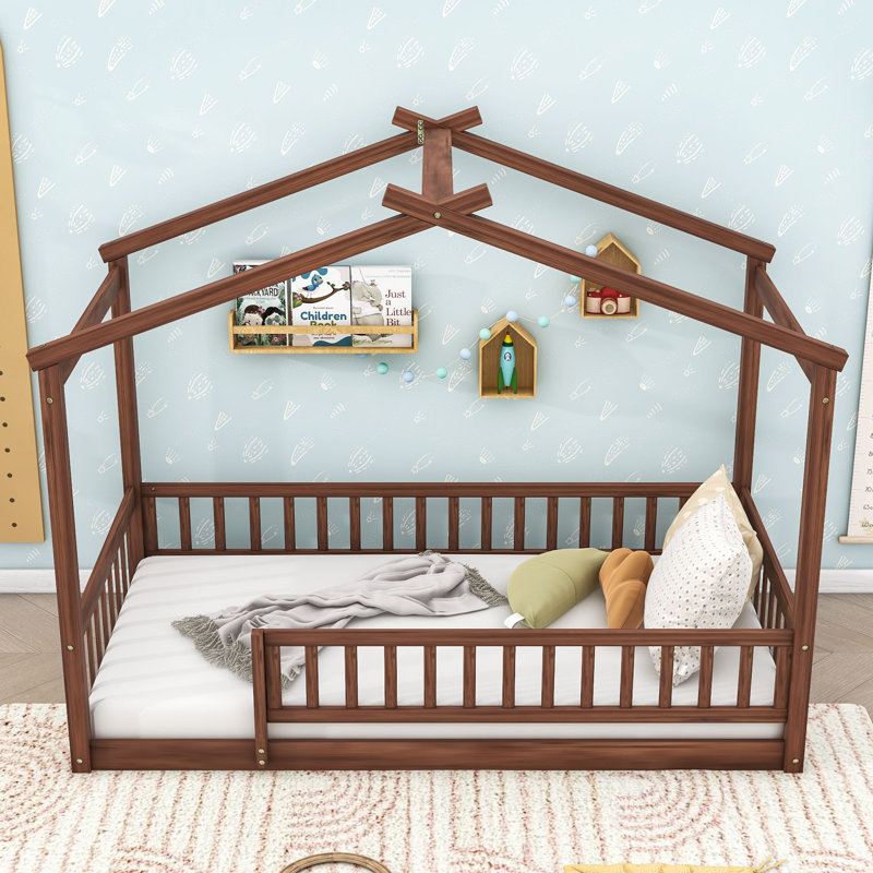 Structure de lit en bois avec clôture et lattes Dorset, Simple, Noyer
