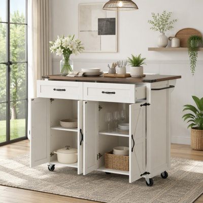 Farmhouse Kitchen Island with Power Outlet, Drop Leaf, and Storage