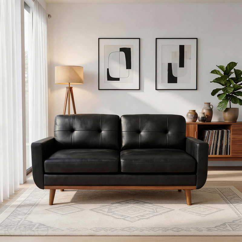 Canapé à deux places 65 pouces moderne minimaliste 65 po, avec tissu en aluminium respirant et pieds en bois massif, Black