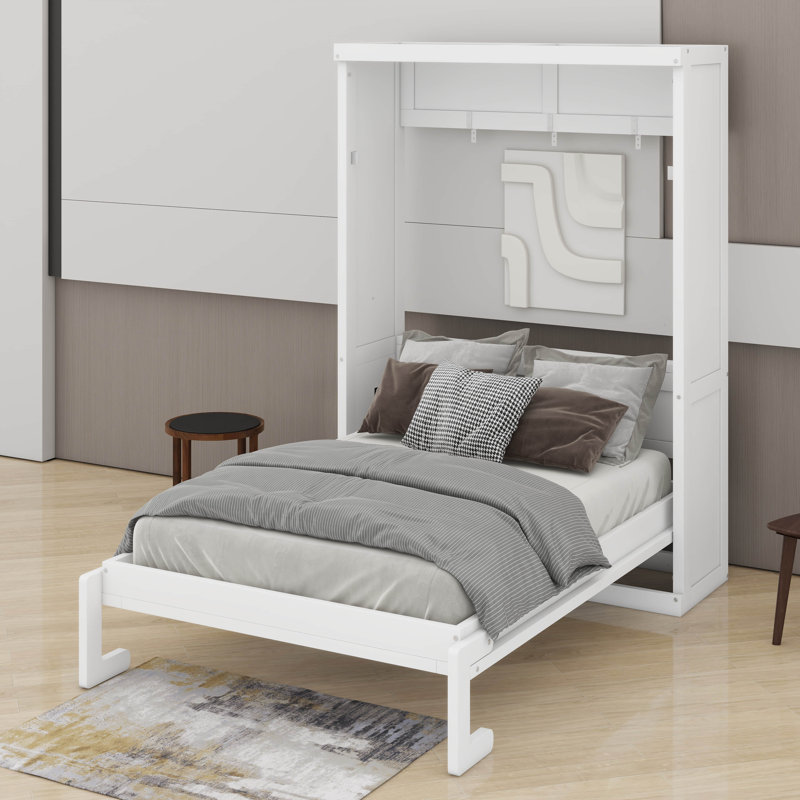 Murphy Bed Frame, Hidden Foldable Wardrobe Wall Bed, Farmhouse Hideaway Murphy Bed, Twin, White
