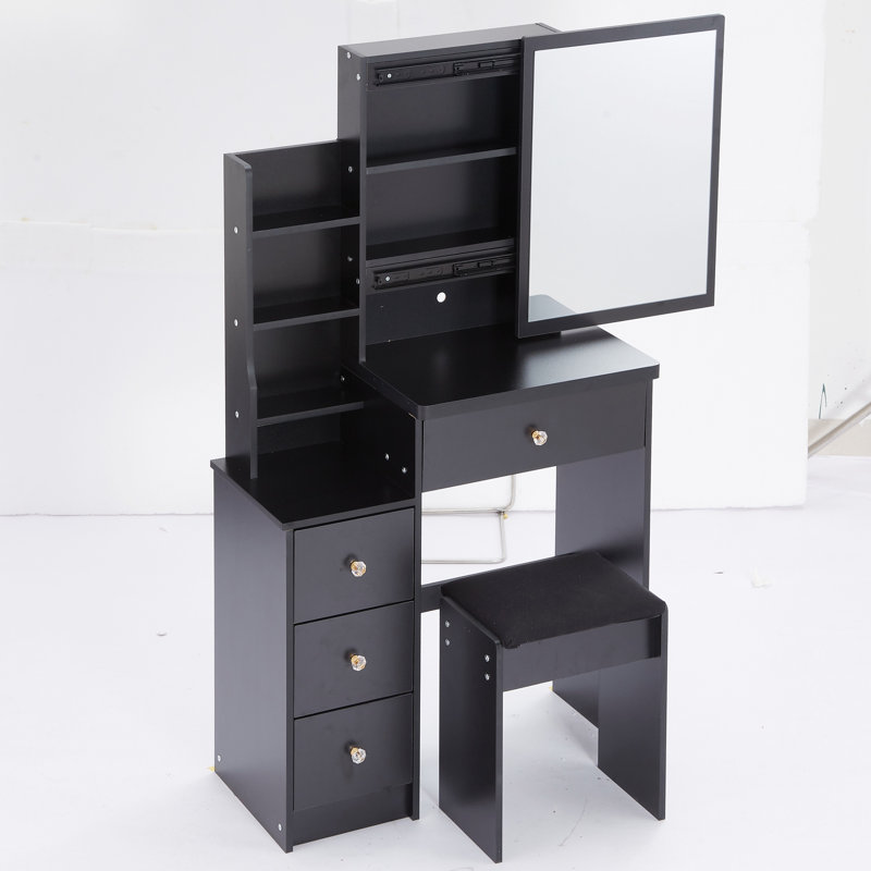 29.2" Small Space Left Bedside Cabinet Vanity Table + Cushioned Stool, Extra Large Right Sliding Mirror, Multi Layer High Capacity Storage, Practical Fashionable Dresser