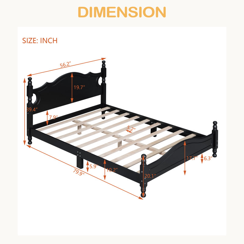 Structure de lit double en bois pleine grandeur, lit plateforme de style rétro avec support en lattes de bois, Noir