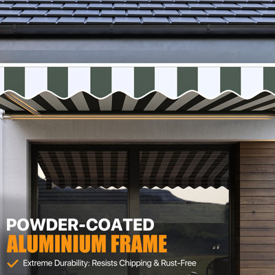 13x10FT Manual Retractable Awning, Full Opening Hand Crank Patio Canopy, Green & White Striped
