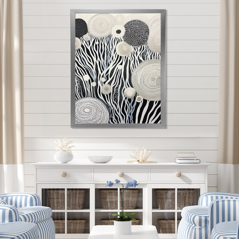 «Black and White Abstract Corals River III», reproduction sur toile, H 44 po x l 34 po x P 1,5 po, Cadre simple argenté