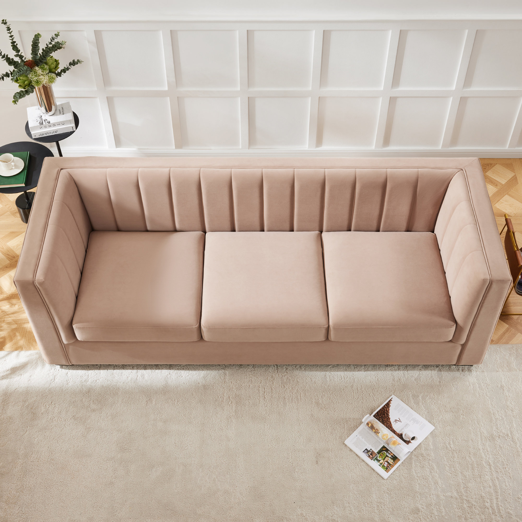 Allard Velvet Living Room Sofa, Beige Chenille