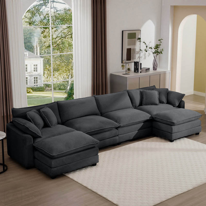 Canapé rembourré 4 places moderne avec 3 repose-pieds, 2 accoudoirs et 4 coussins décoratifs - Velours côtelé gris, Gray
