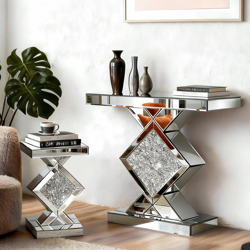 2-Piece Mirrored Table Combo: Glass Top Console & Tall Pedestal End Table with Crystal Inlay