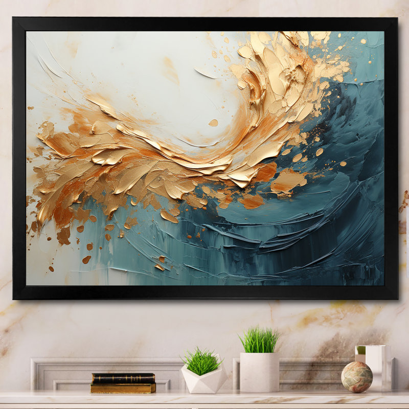 «Gold and Teal Aurora Harmony I - Abstract Spirals», reproduction sur toile, H 16 po x l 32 po x P 1 po, Cadre simple noir