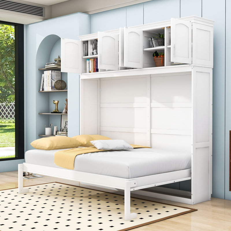 Lit escamotable avec tablettes confort peu encombrantes, Blanc, Double