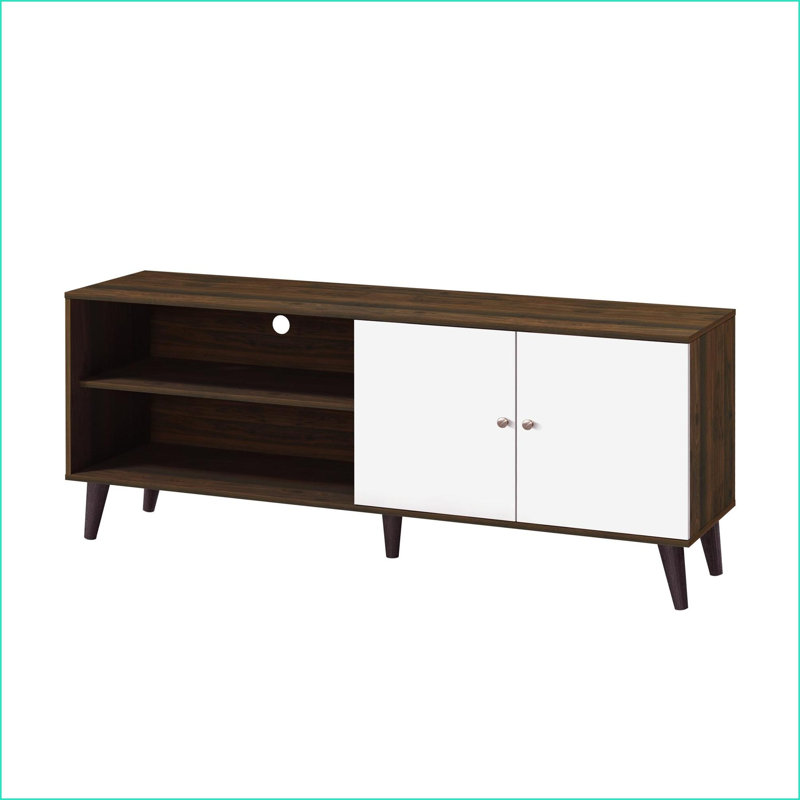 TV Furniture Mid-Century Modern Walnut + White TV Stand for TVs Up to 63" with 2 Shelves & 1 Cabinet | Wood | White+Walnut