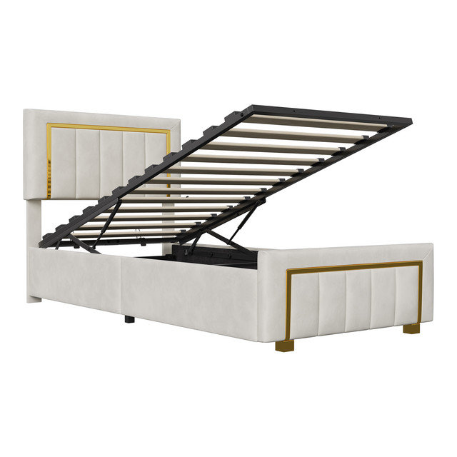 Velvet Upholstered Storage Bed Frame, Kingsize (5'), Beige