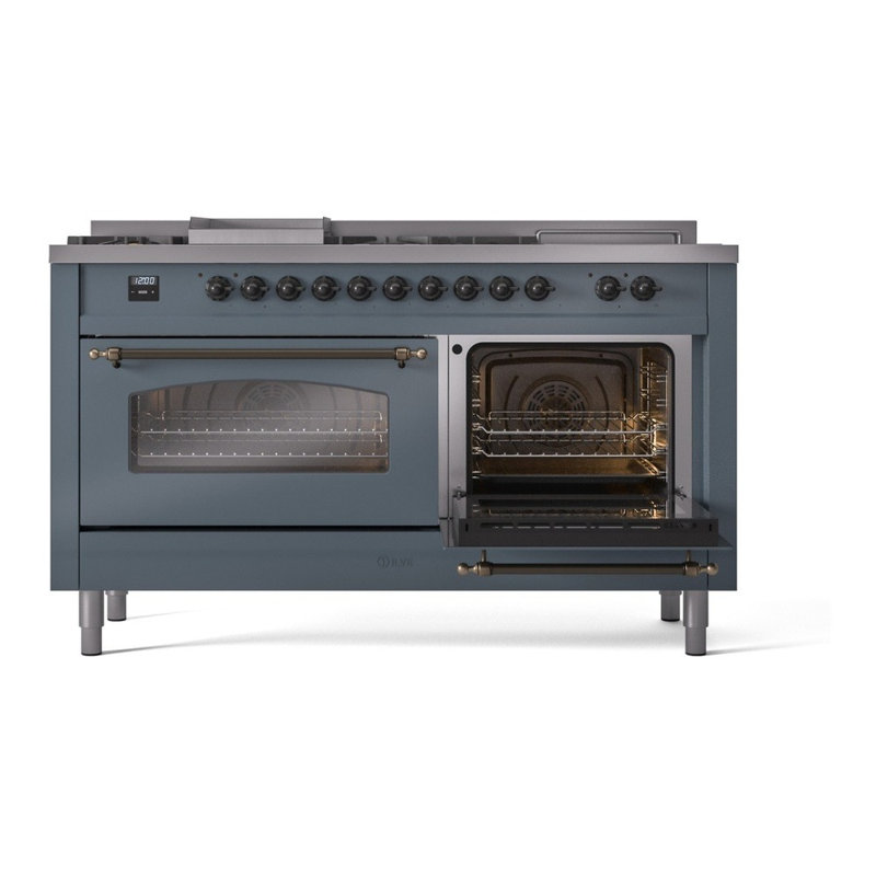 ILVE Nostalgie II 60 Dual Fuel Range, 5 Burners, Griddle, Frenchtop , Natural Gas, Blue/Gray/Bronze