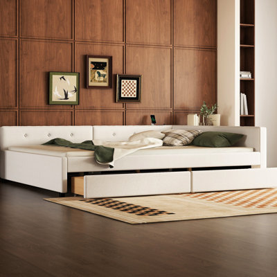 Elegant Queen Size Upholstered Platform Bed With And Storage Drawers, Beige 2 Drawer Modules For Bedroom Organization,