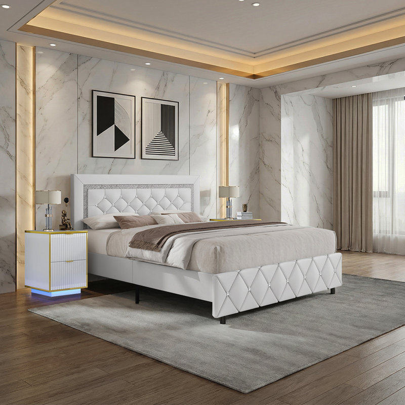 3 PC Faux Leather Diamond Tufted Platform Bed Set ,Bed Frame With Set Of 2 Modern Led End Table., Queen, White