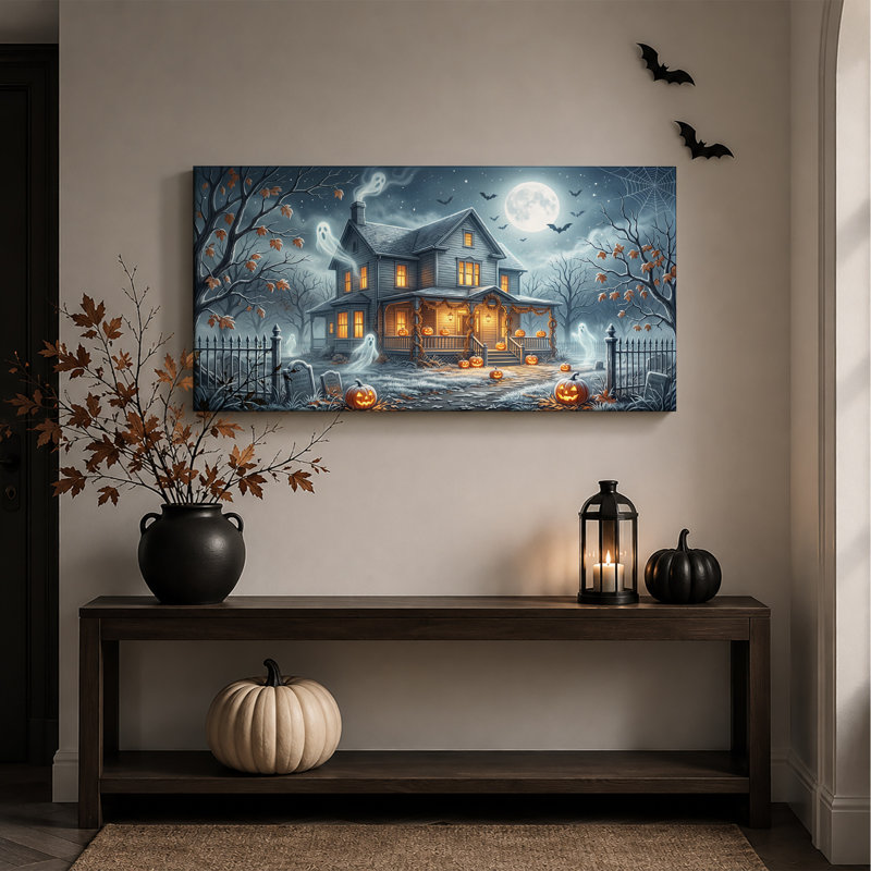 Art mural sur toile, "Maison hantée avec citrouilles et fantômes", L 46 po x H 24 po