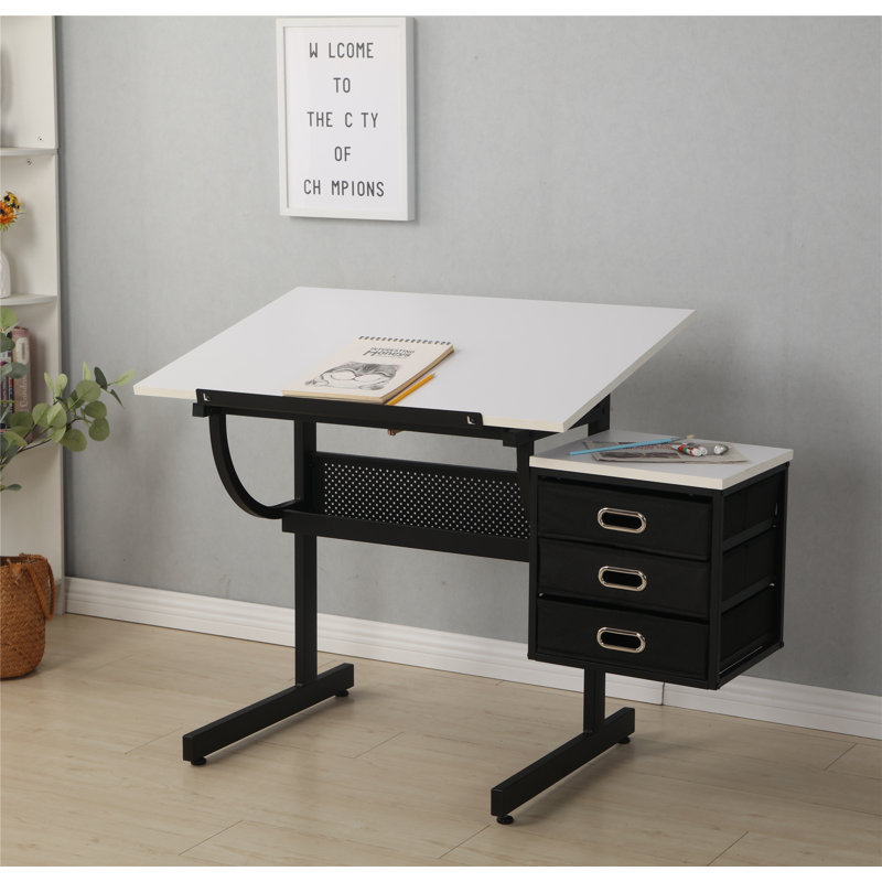 Adjustable Drafting Drawing Desk With Stool And 3 Drawers, White