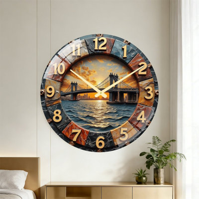 Stylish Decorative Wall Clock with Scenic Bridge View Art - 24‘’ Modern Glass Wall Clock