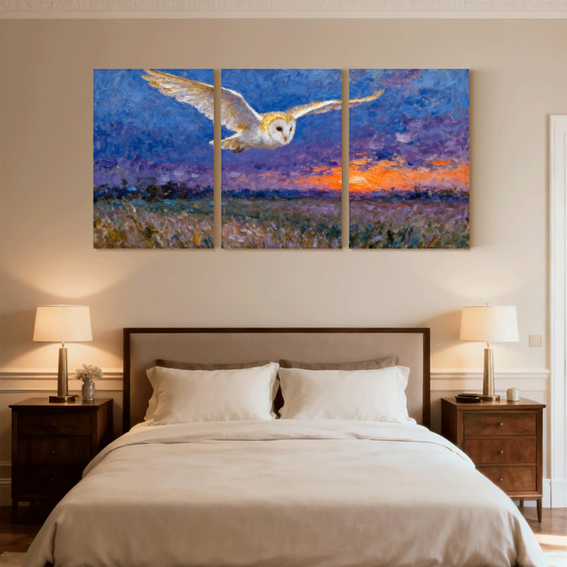 Oiseaux hiboux en vol au coucher du soleil, ensemble de 3 impressions sur toile, H 24 po x l 48 po