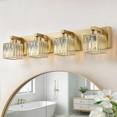 Modern Gold Crystal Bathroom Vanity Lights - 4-Light Wall Mounted Fixture With Square Shade, Dimmable For Bathroom Mirror Lighting, Elegant K9 Crystal Design, E26 Socket Compatible