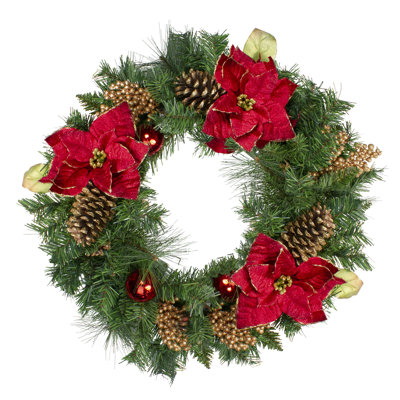Couronne de Noël artificielle pin vert et poinsettias - 24 pouces non éclairée