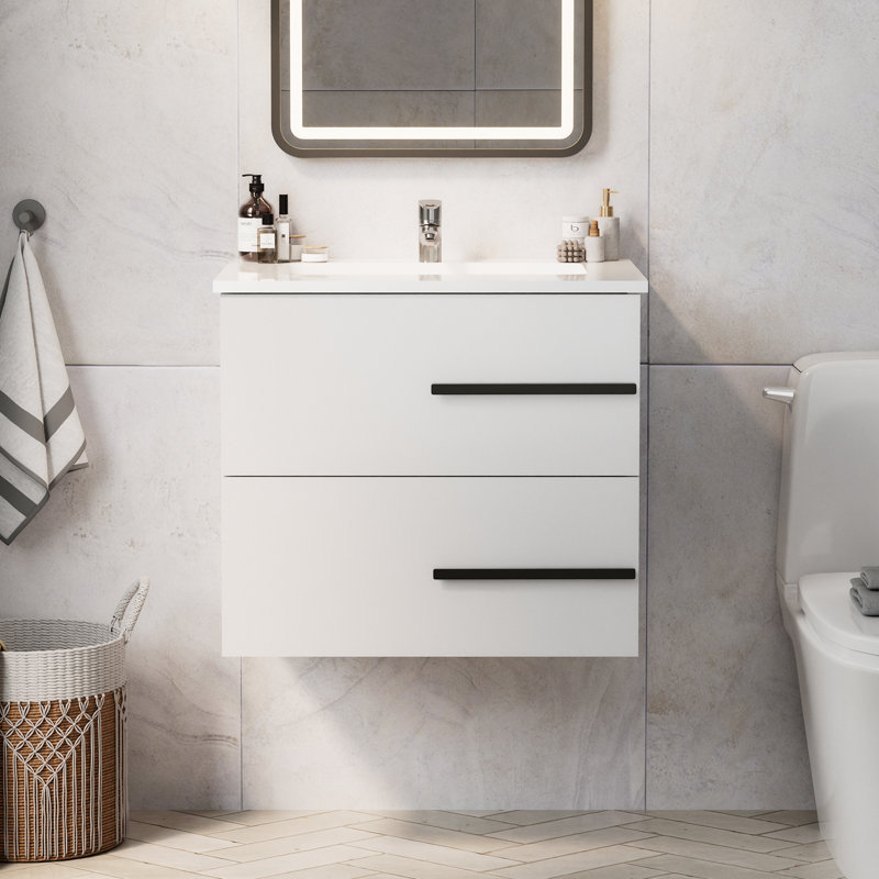 Ensemble de meuble-lavabo mural 24 po avec 2 tiroirs cannelés - meuble-lavabo mural moderne avec poignées en métal noir, blanc