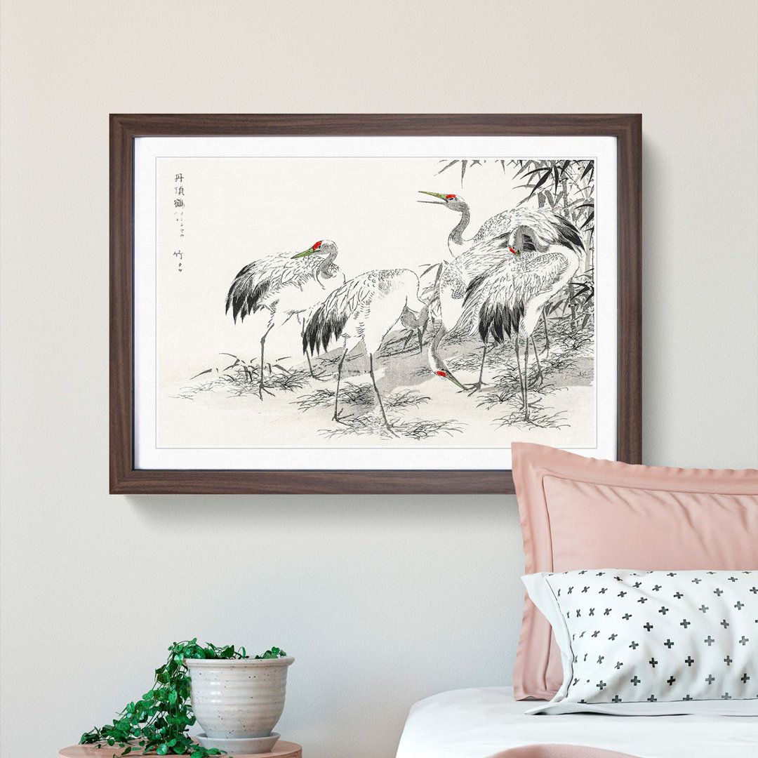 Japanese Cranes by the Bamboo by Numata Kashu - Framed Print