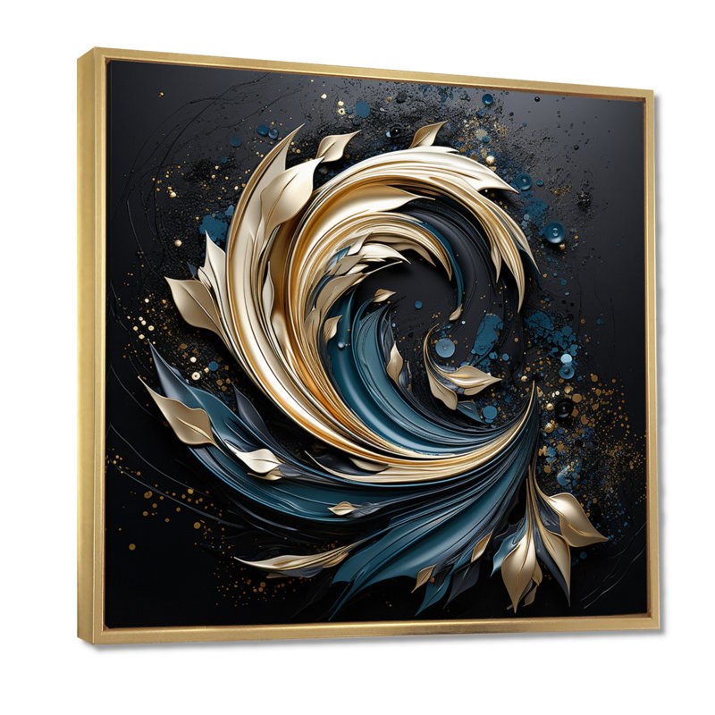 «Teal Spiral Leaves - Botanicals», art mural, H 30 po x l 30 po x P 1 po, Toile avec cadre flottant or