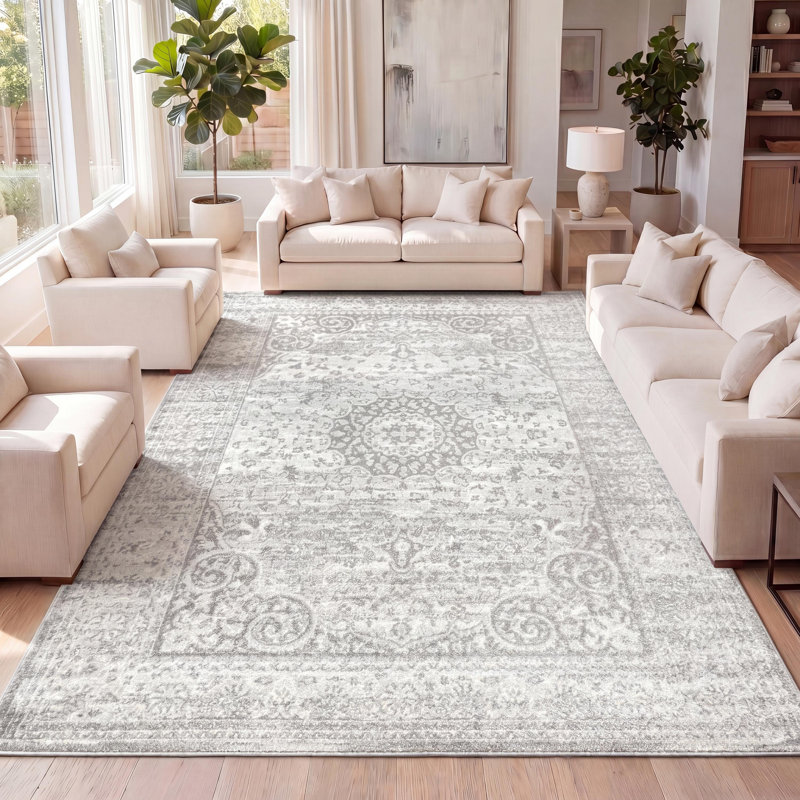 Droitwich Ornate Bohemian Medallion Gray/Cream Rug, Rectangle 3' x 5'