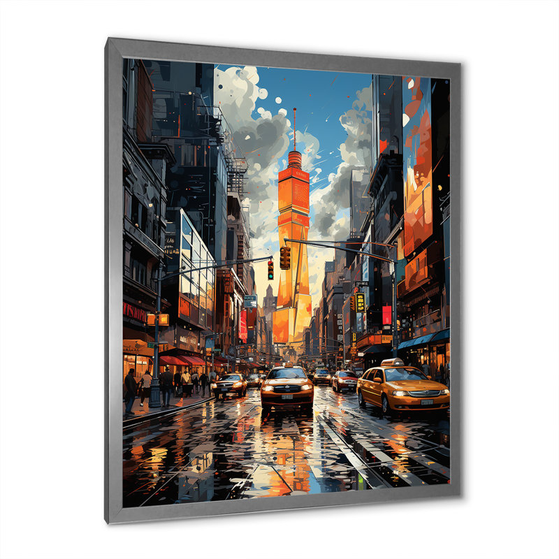 Collage sur toile jaune et gris de New York, H 32 po x l 24 po x P 1 po, Cadre photo argenté