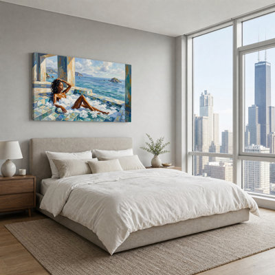 Woman Relaxing in Tiled Pool with Ocean View Canvas Wall Art