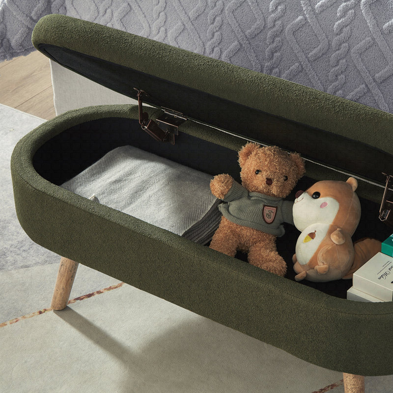 Luxury Oval Boucle Storage Ottoman Bench with Wood Legs, Dark Green