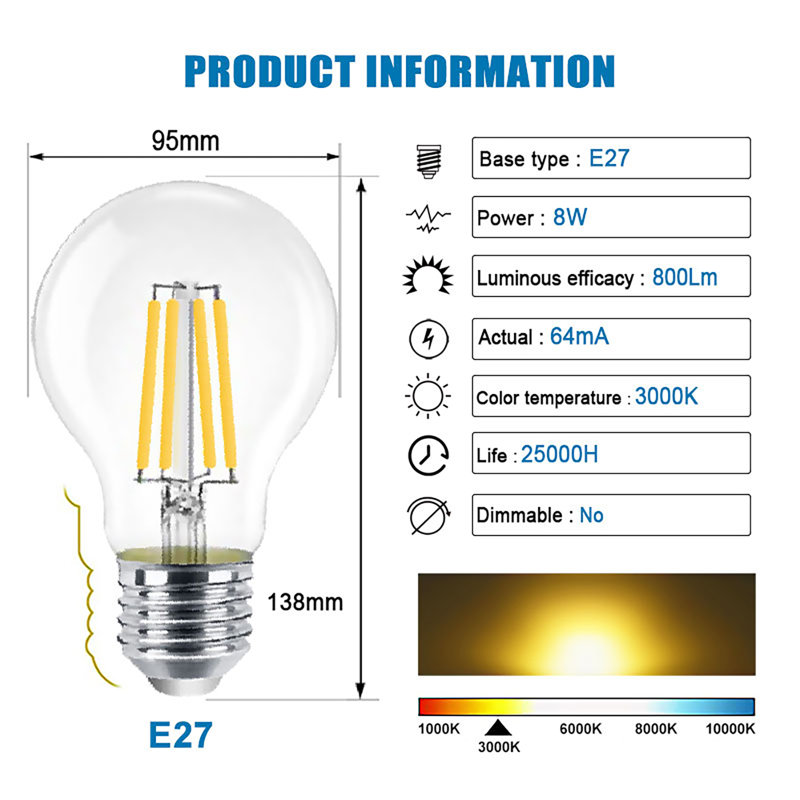 6-Pack 8W E27 LED Filament Bulbs