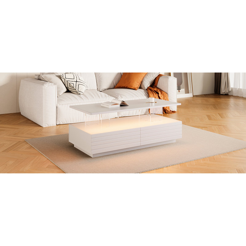 Table basse à DEL 47,2 po avec 2 tiroirs et lumières rectangulaires blanches tendance, Blanc