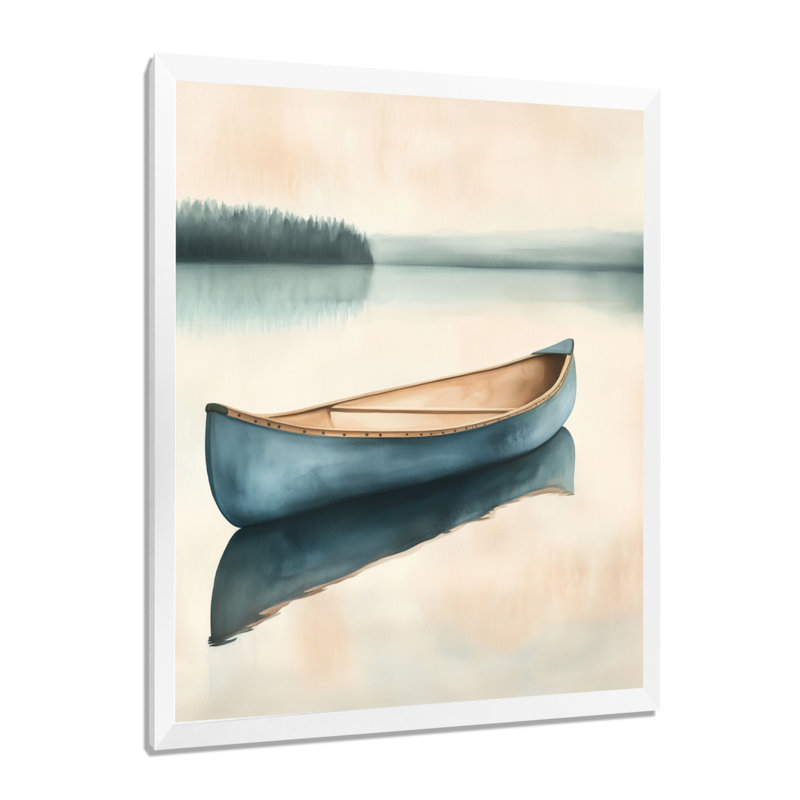 Lac I, canot souple bleu beige - Tableau encadré « Maison et chalet », H 32 po x l 16 po, Cadre photo blanc