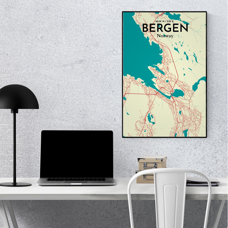 Bergen City Map, impression, Vert / beige, H 36 po x l 24 po