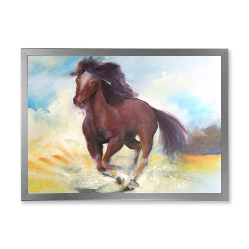 Cheval brun galopant - peinture sur toile, H 30 po x l 40 po, Cadre photo argenté