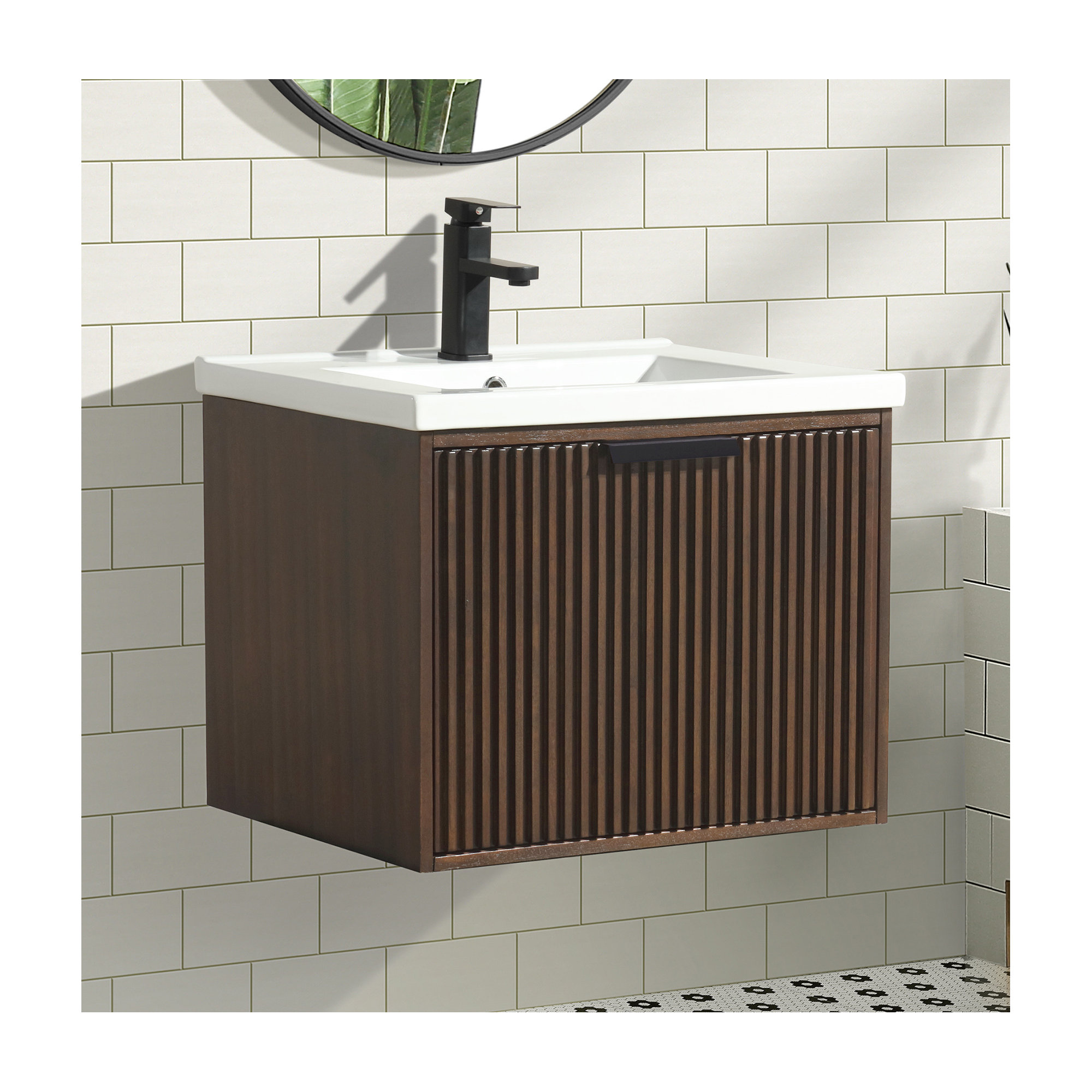 Anelie 24" Wall-Mounted Single Bathroom Vanity Set, Walnut, Matte Black