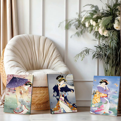 Ensemble de 3 affiches murales encadrées, toiles représentant des geishas japonaises, style Ukiyo-e traditionnel, avec des motifs de fleurs de cerisier, de papillons et de kimonos. Parfait pour la décoration du salon, de la chambre ou de la maison, ce qui rappelle la culture asiatique moderne.