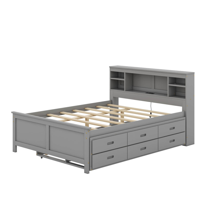 Lit plateforme avec tête de lit, USB, lit gigogne et tiroirs, Gris, Lit double