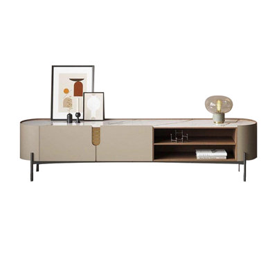 Minimalist Curved TV Cabinet with Saddle Leather Cabinet, Sintered Stone Top and Stainless Steel Legs