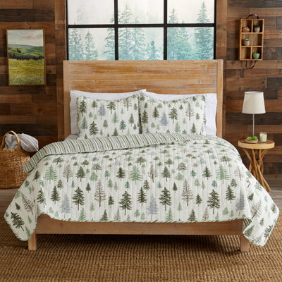 Rustic Lodge Trees Microfiber Reversible Quilt Set With Shams
