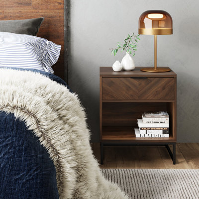 Wood Herringbone Nightstand with Drawer