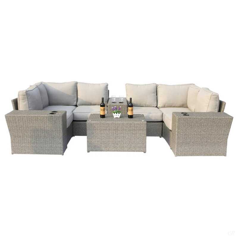 Ensemble modulaire d'extérieur 4 places avec coussins et table entièrement assemblé, Beige Cushion/Grey Frame