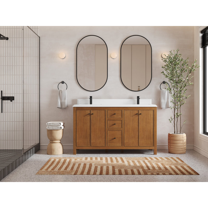 Meuble-lavabo double 60 po avec plateau Chicago Teak, Blanc