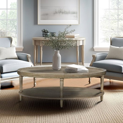 Table basse ovale avec tablettes, allure classique, pieds élégants, finition grège, option de rangement, réglable pour un rangement à tablettes d'équilibre stables, nuance rustique, finition tournée récupérée, touche unique